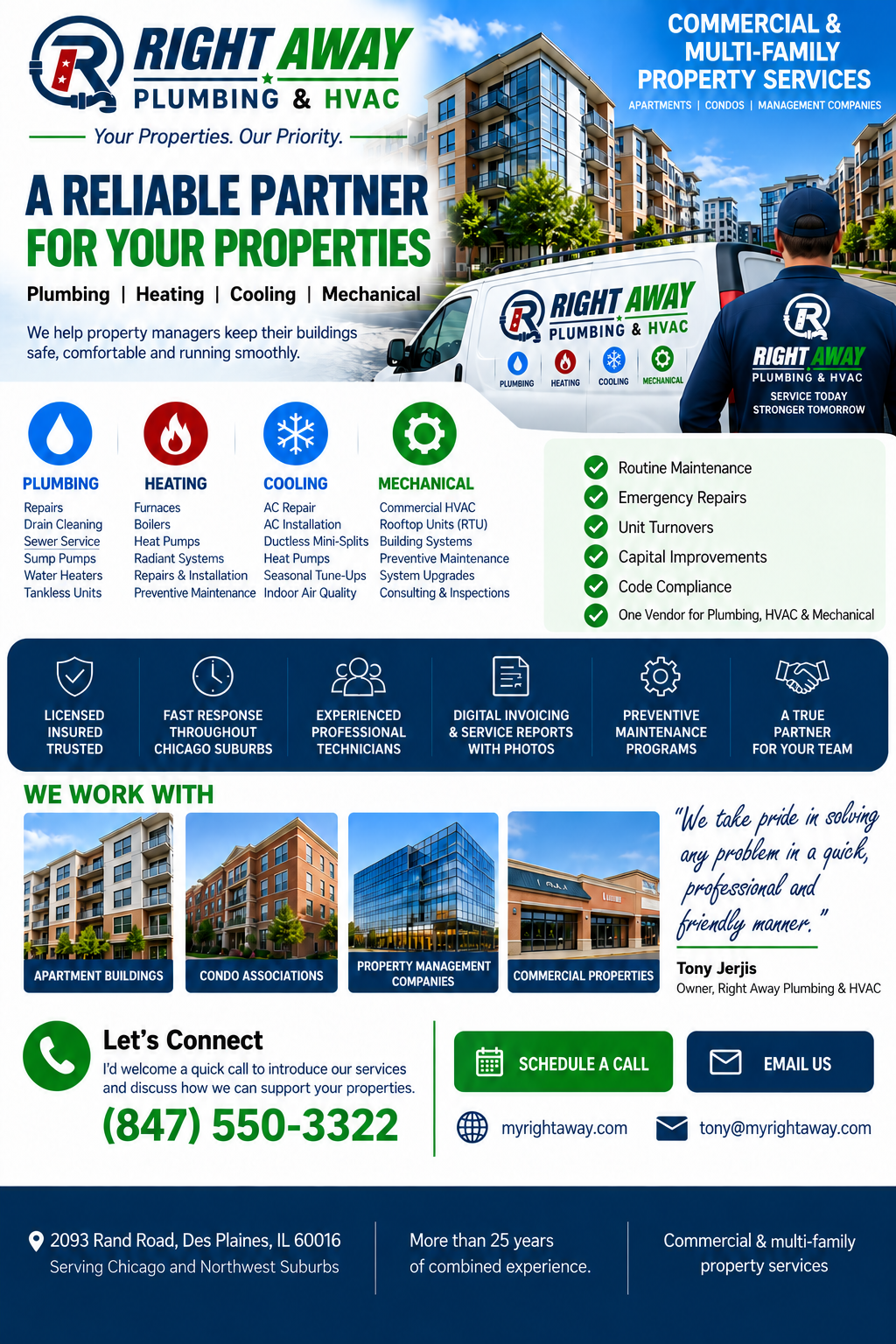 Right Away Plumbing & HVAC flyer for commercial and multi-family property services, listing plumbing, heating, cooling and mechanical services for apartments, condos and management companies, with phone 847-550-3322 and 2093 Rand Road, Des Plaines