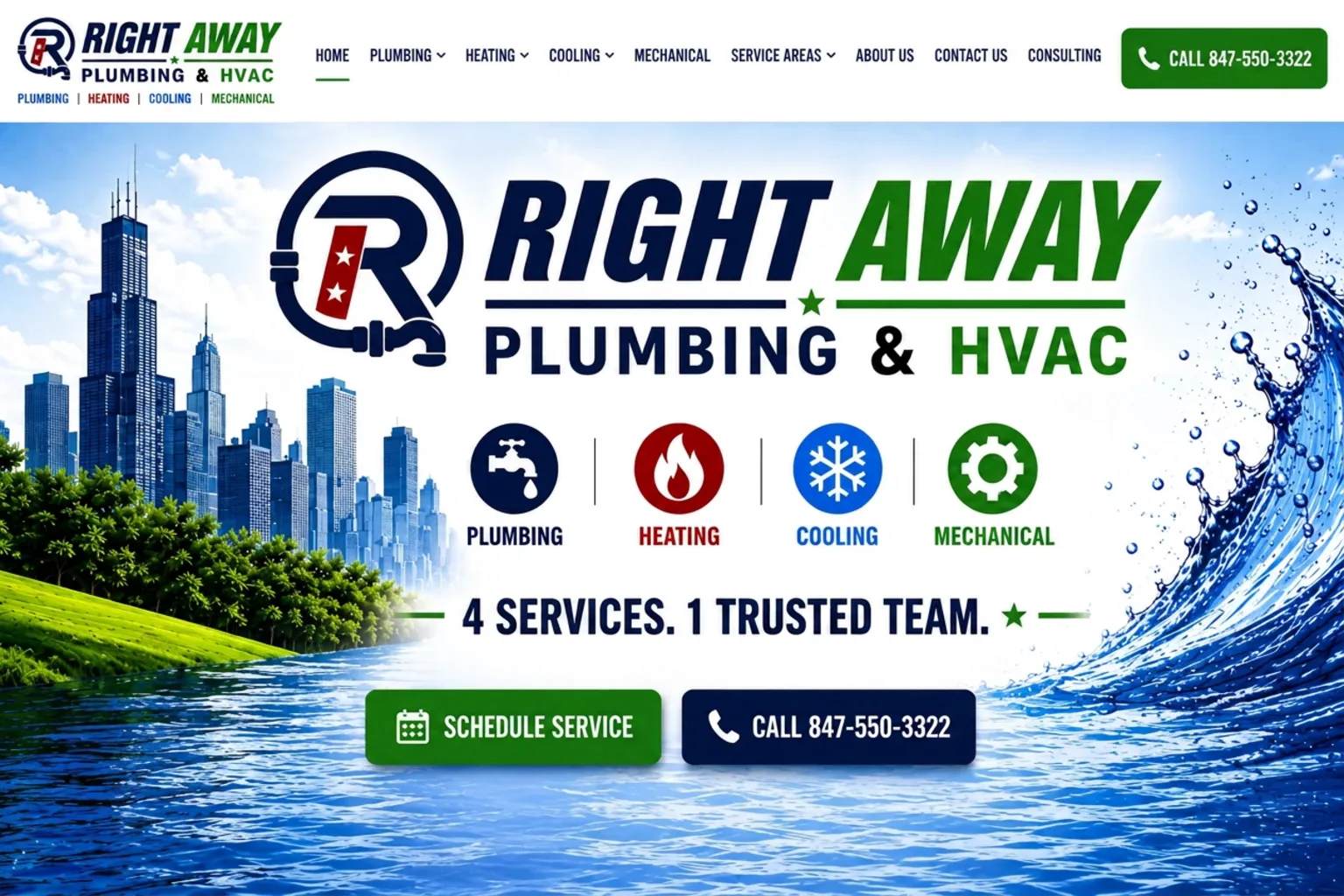 Right Away Plumbing, Heating, Cooling & Mechanical - Chicago skyline with water splash