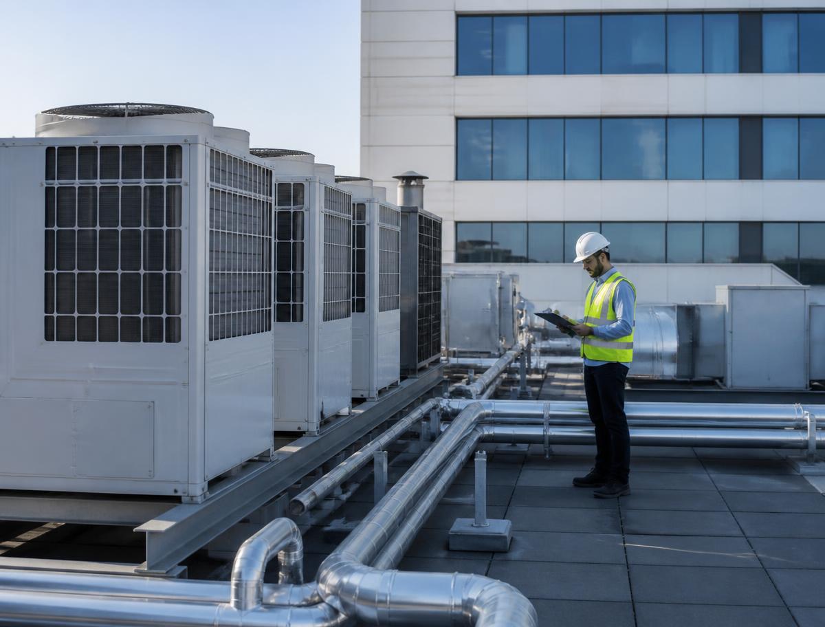 Commercial HVAC consulting inspection of rooftop units and mechanical piping on a commercial building