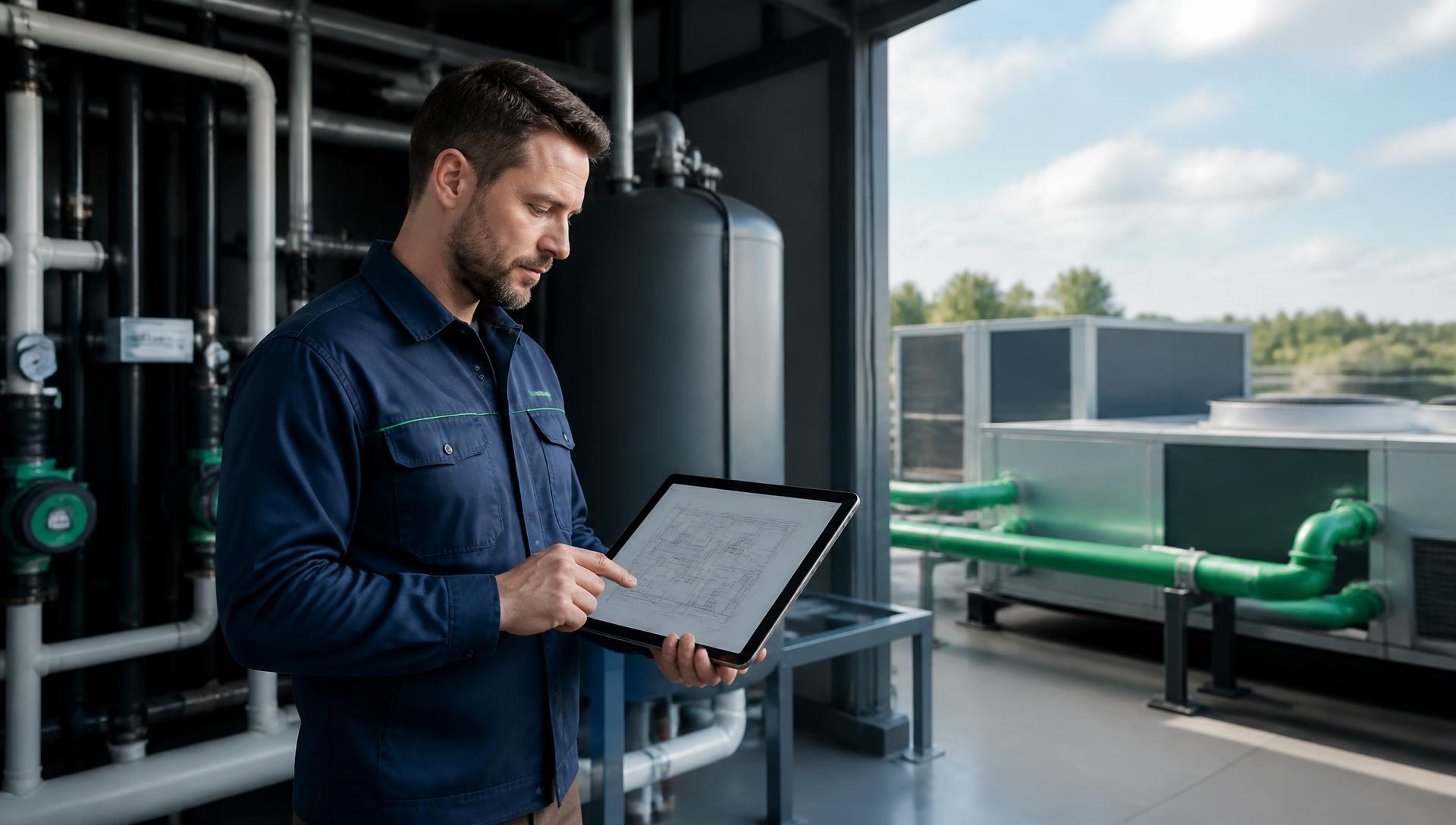 Right Away technician reviewing mechanical system plans in a boiler room