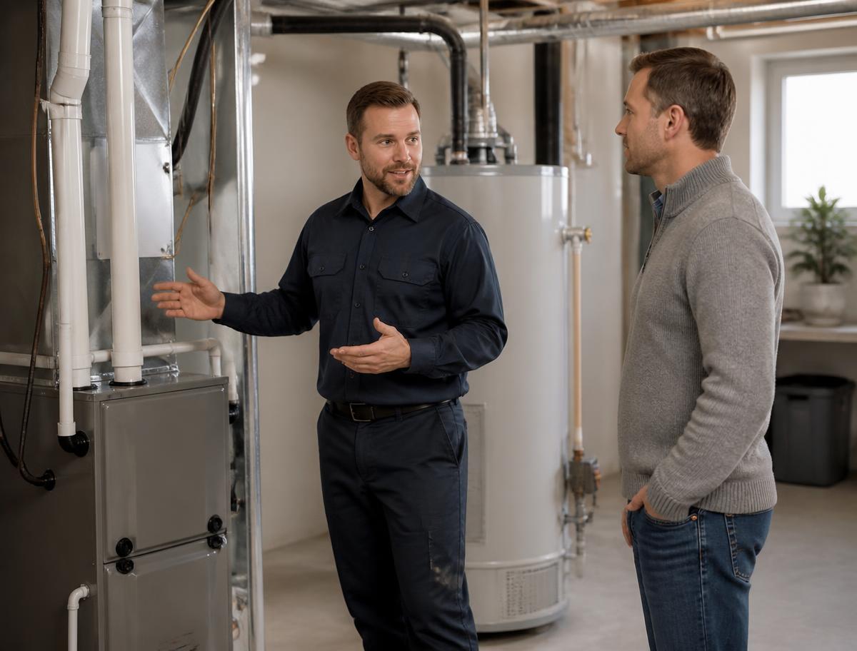 Technician providing residential HVAC consulting on a furnace and water heater in a Chicagoland home