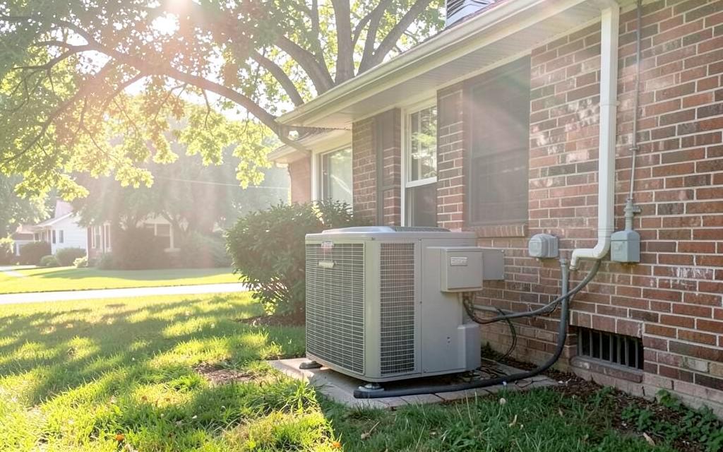 Central air conditioner condenser running beside a Chicagoland home during late-summer heat