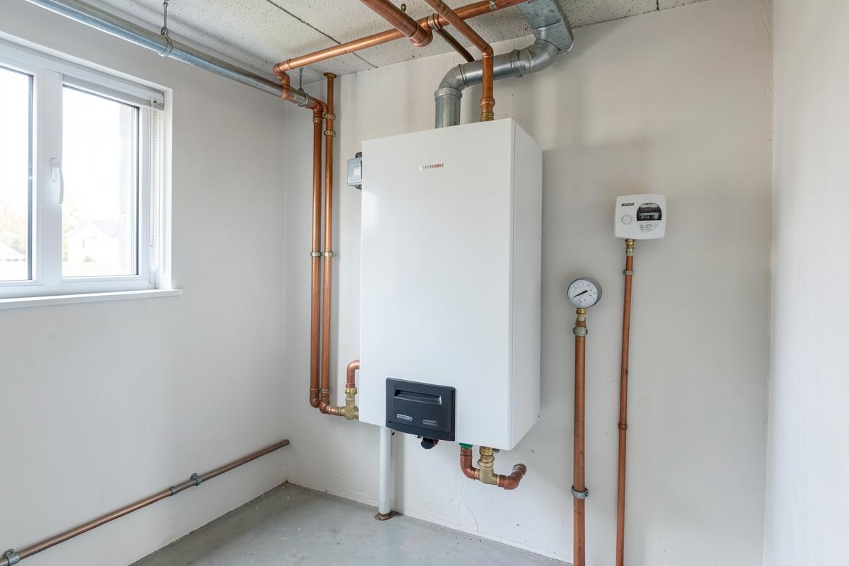 High-efficiency condensing gas boiler installed in a clean residential basement mechanical room