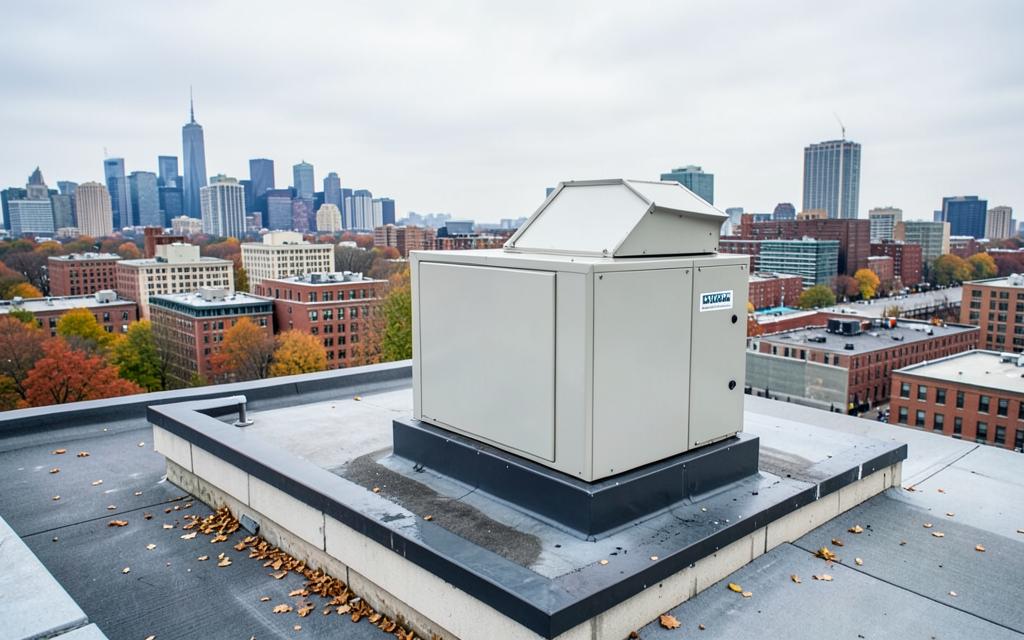 Commercial rooftop make-up air unit with an intake hood on a flat Chicago building roof in late fall