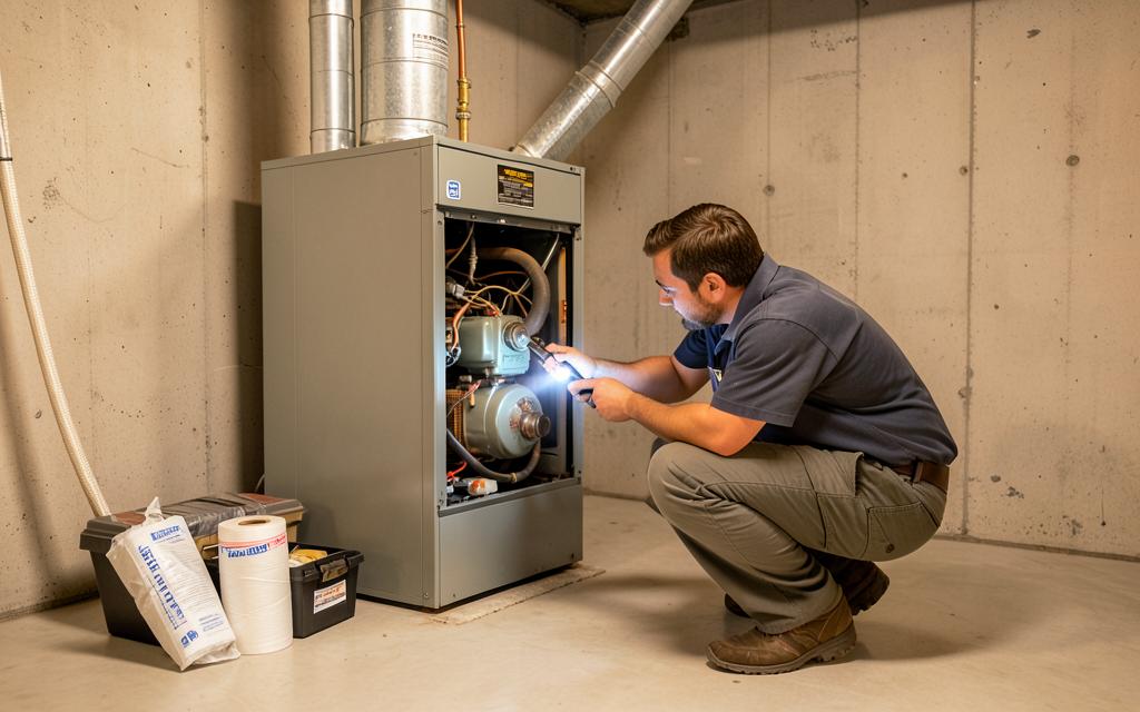 Gas furnace in a Chicagoland basement being inspected and tuned up ahead of the heating season