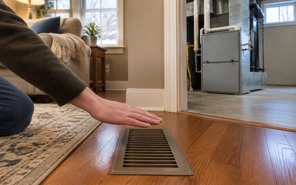 Homeowner holding a hand over a floor supply register while a gas furnace runs in a Chicago-area basement