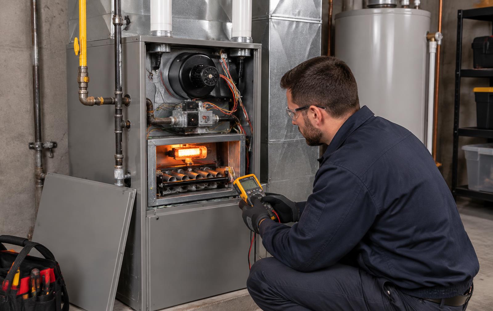 Heating technician testing a glowing hot-surface igniter in the burner compartment of a residential gas furnace