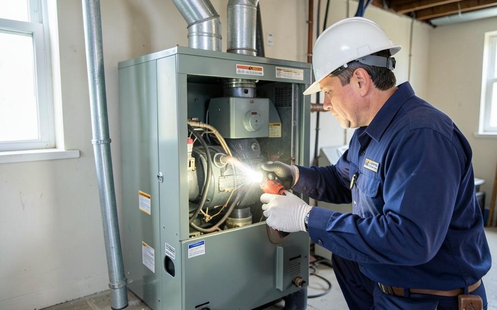Heating technician inspecting the burner compartment of a gas furnace in a Chicago-area basement