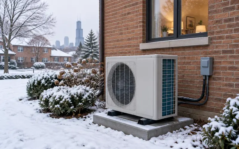 Outdoor heat pump beside a brick home during light winter snow