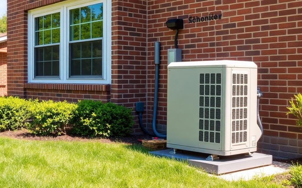 Modern high-efficiency central air conditioner condenser beside a suburban Chicagoland home