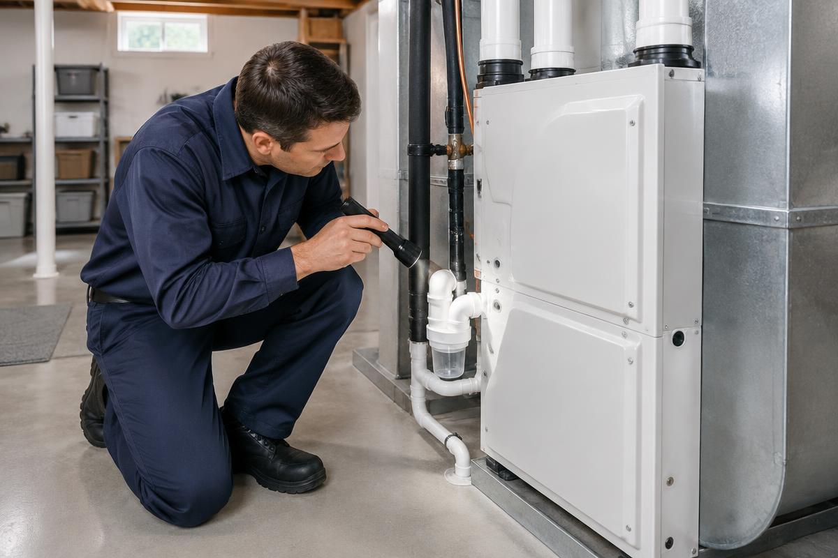 Technician inspecting the condensate trap and drain line on a high-efficiency condensing gas furnace