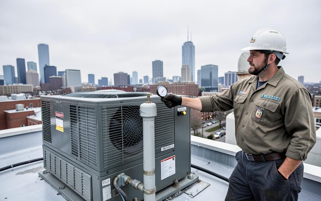 Technician inspecting a rooftop HVAC unit and water heater to check energy efficiency