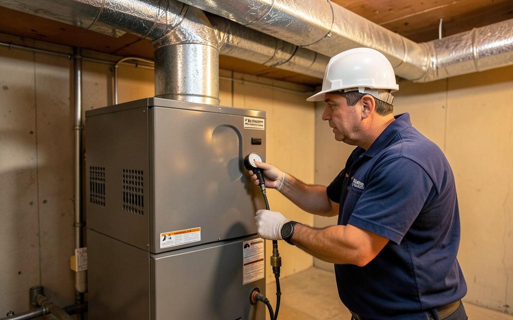 Certified technician performing a safety check on a newly installed Navien gas furnace