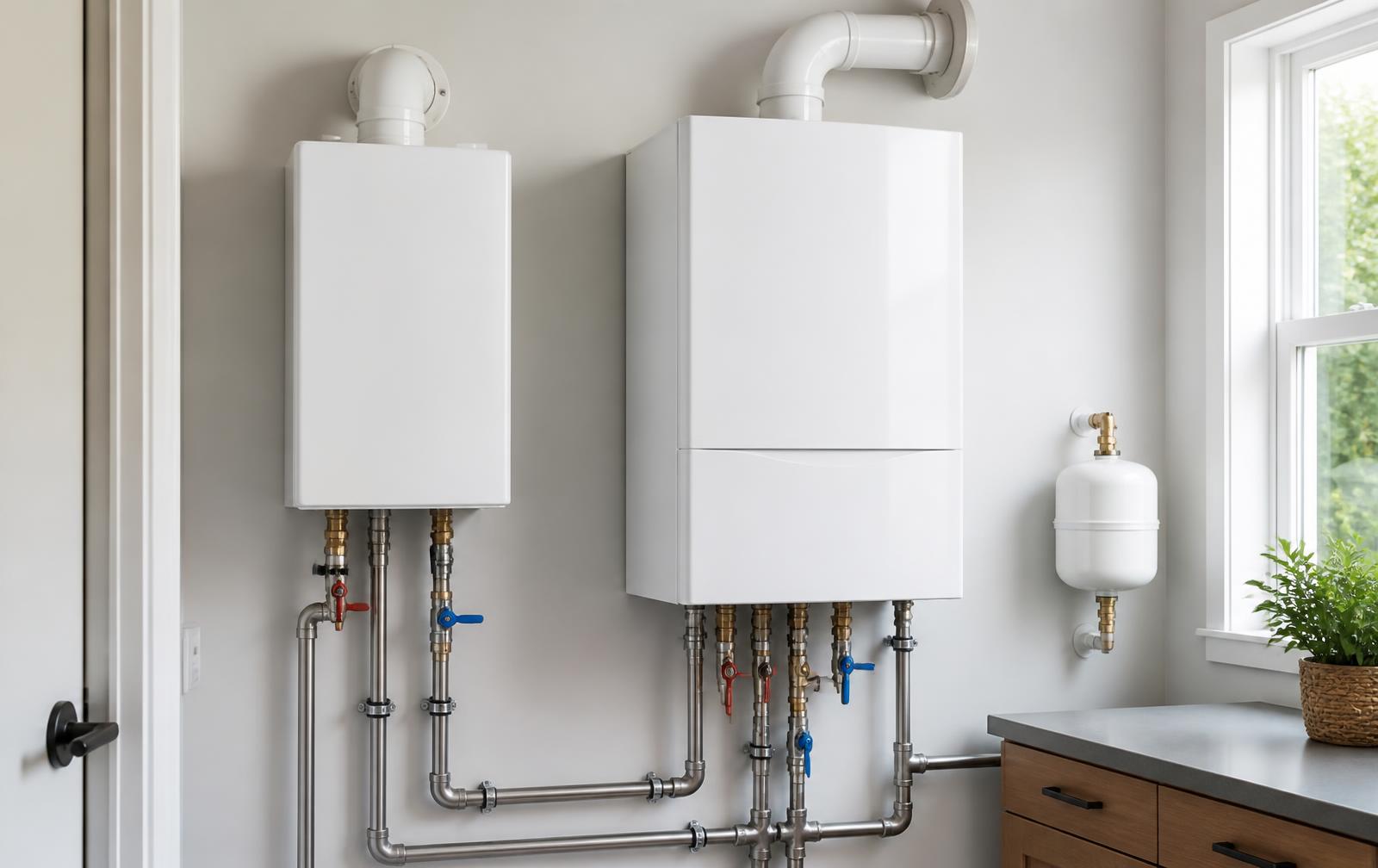 Wall-mounted condensing tankless water heater installed beside a wall-hung combi-boiler with stainless steel piping in a residential utility room