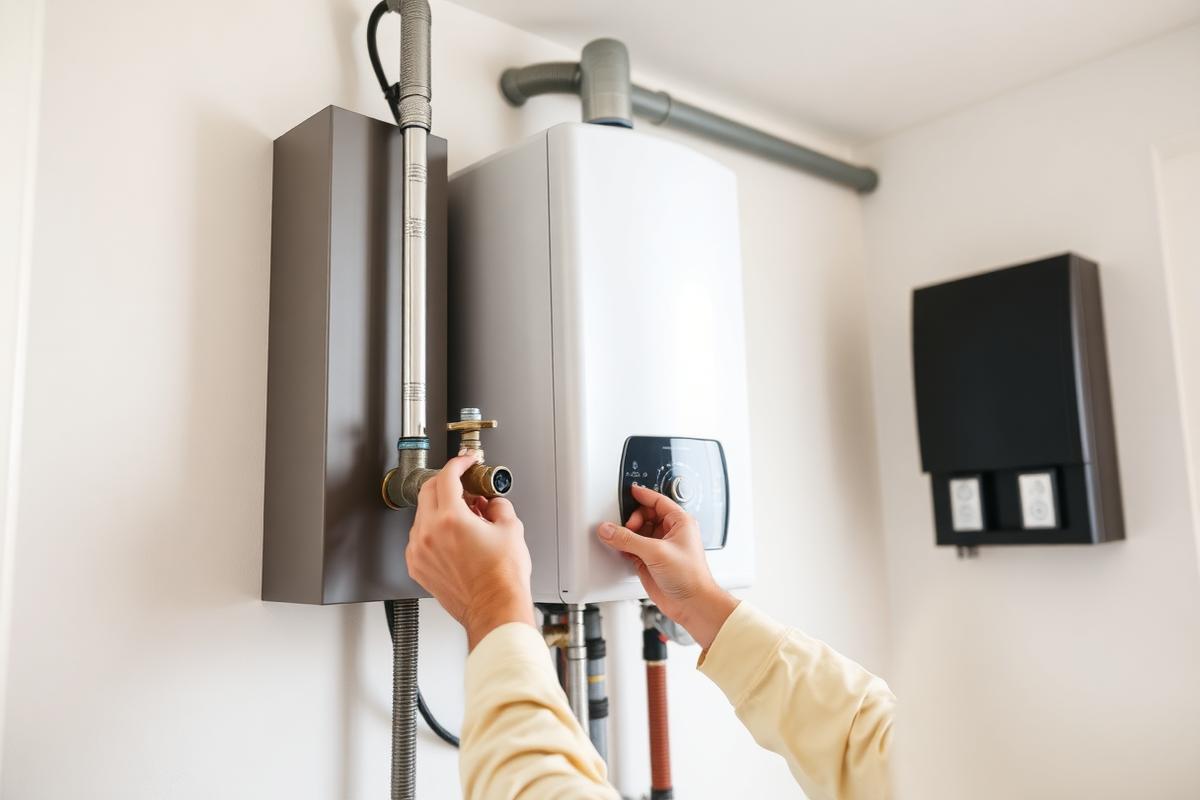 Technician connecting flush hoses to the isolation valves on a wall-mounted tankless water heater for descaling