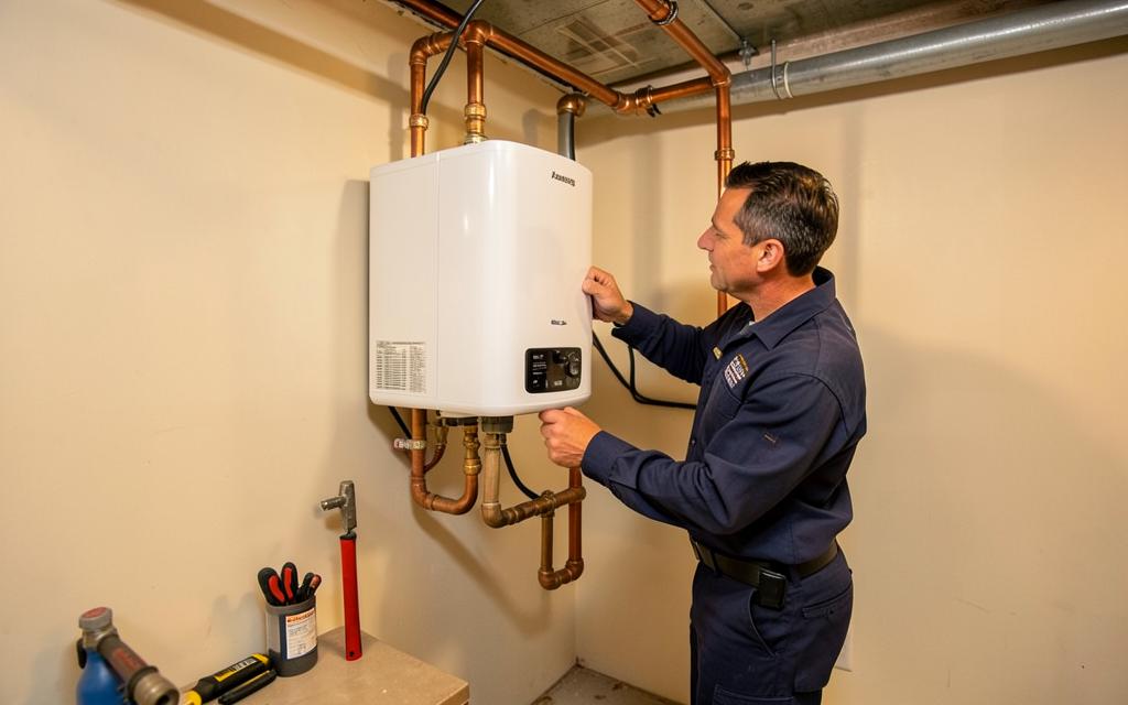 Certified technician installing a Navien tankless water heater on a basement wall in Des Plaines