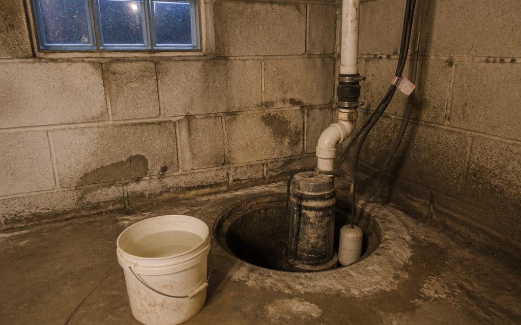 Aging submersible sump pump in a concrete sump pit inside an older Chicago-area basement foundation