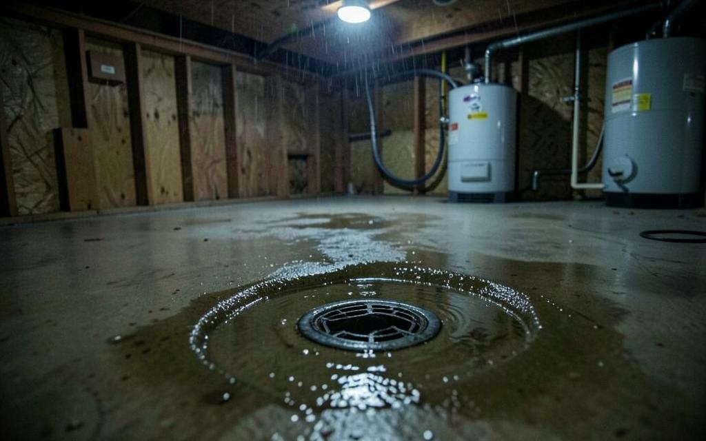 Basement floor drain with standing water after a heavy Chicagoland rainstorm