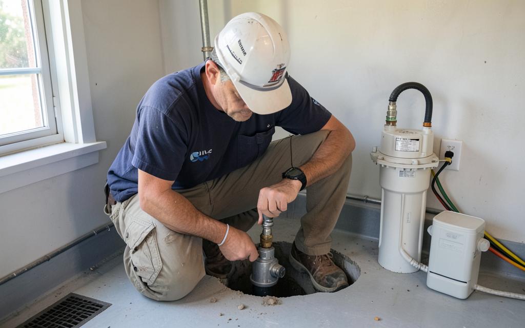 Plumber servicing a sump pump and battery backup system in a Chicago-area residential basement