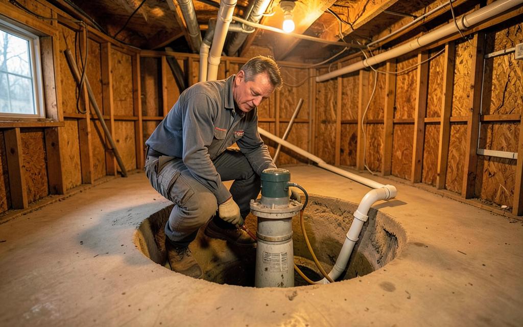 Plumber installing a new sump pump in a basement pit of an older Des Plaines home