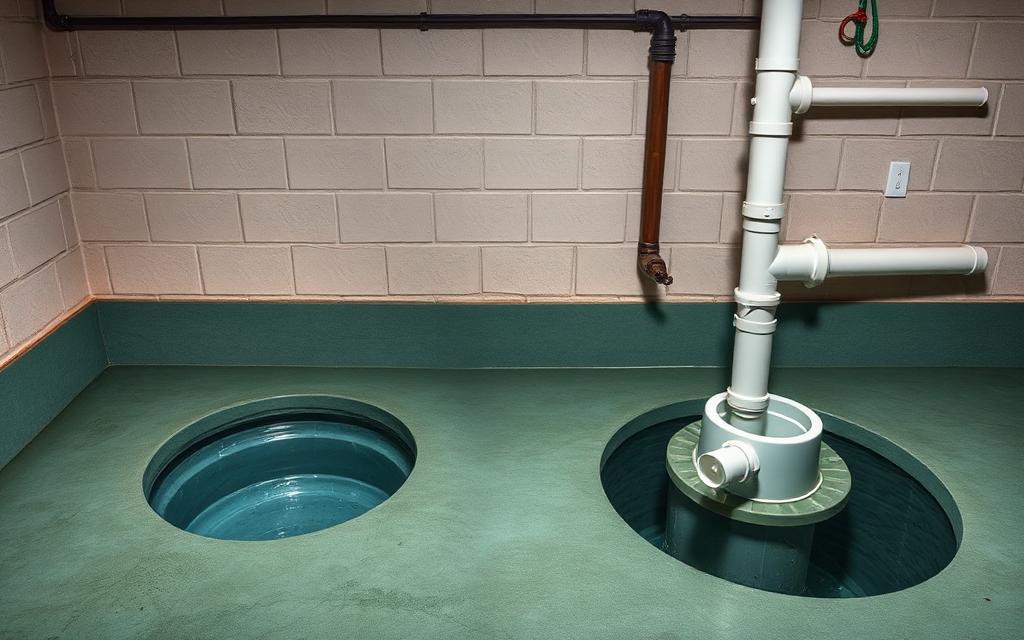 Side by side comparison of an open sump pit with clear groundwater and a sealed sewage ejector basin in a basement