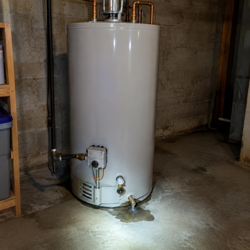 Residential gas water heater in a basement with a small puddle of water at its base near the drain valve