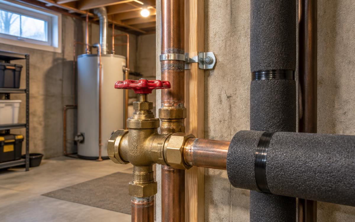 Accessible main water shutoff valve and insulated copper piping in a Chicago-area basement before freezing weather