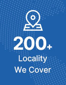 White map pin icon above the text "200+ Locality We Cover" on a blue background with a dotted pattern—showcasing our expert plumbing Chicago,IL, and HVAC Chicago services.
