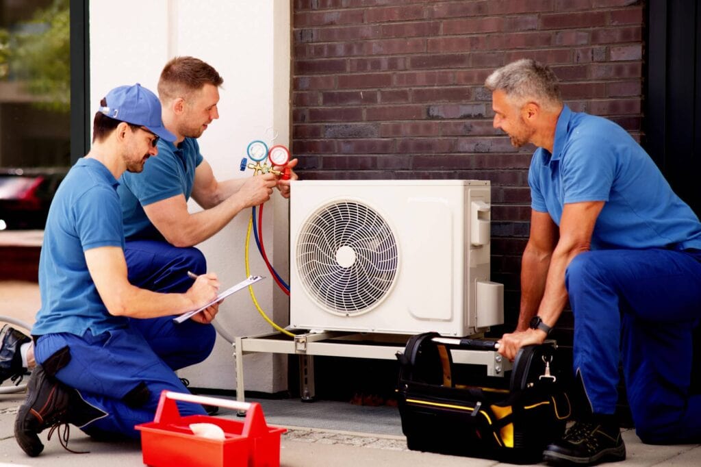 HVAC maintenance Three male HVAC technicians in blue uniforms service an outdoor air conditioning unit using gauges and tools. One writes notes, while the others check the equipment. A red toolbox and a tool bag are nearby.