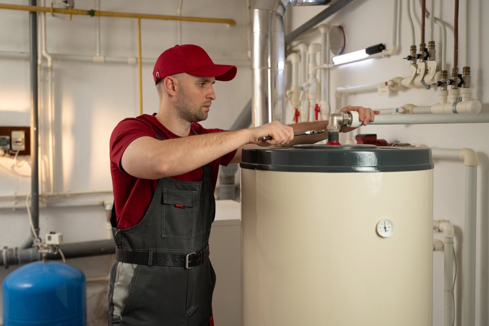 A plumber in work overalls and a red cap uses a wrench to adjust a valve on a large water heater in a utility room with pipes, HVAC equipment, and other systems in the background in Chicago, IL.